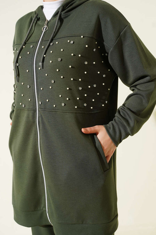 Set doppio di lenzuola con perline e cerniera, colore kaki