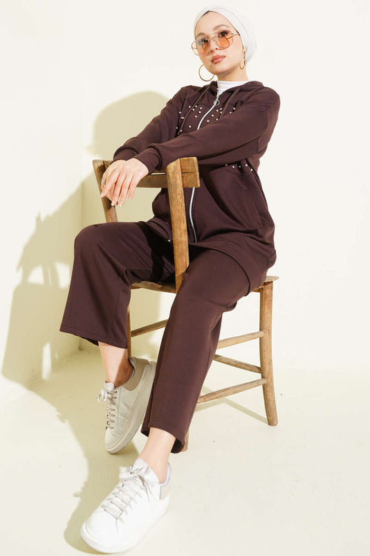 Önü İncili Fermuarlı Loyşa İkili Takım Kahve