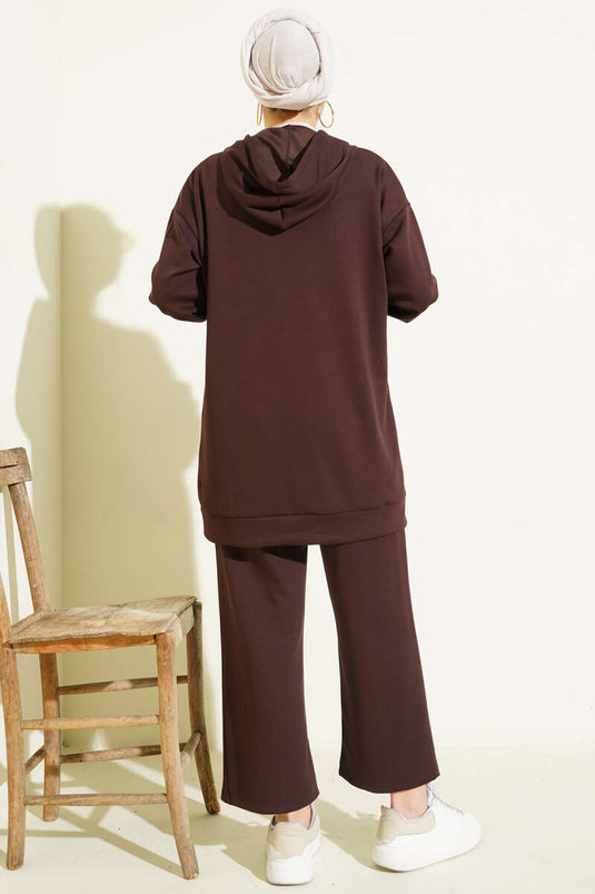 Önü İncili Fermuarlı Loyşa İkili Takım Kahve