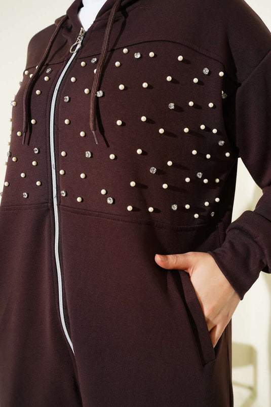 Önü İncili Fermuarlı Loyşa İkili Takım Kahve