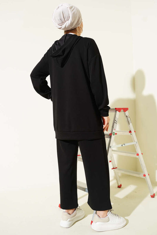 Önü İncili Fermuarlı Loyşa İkili Takım Siyah