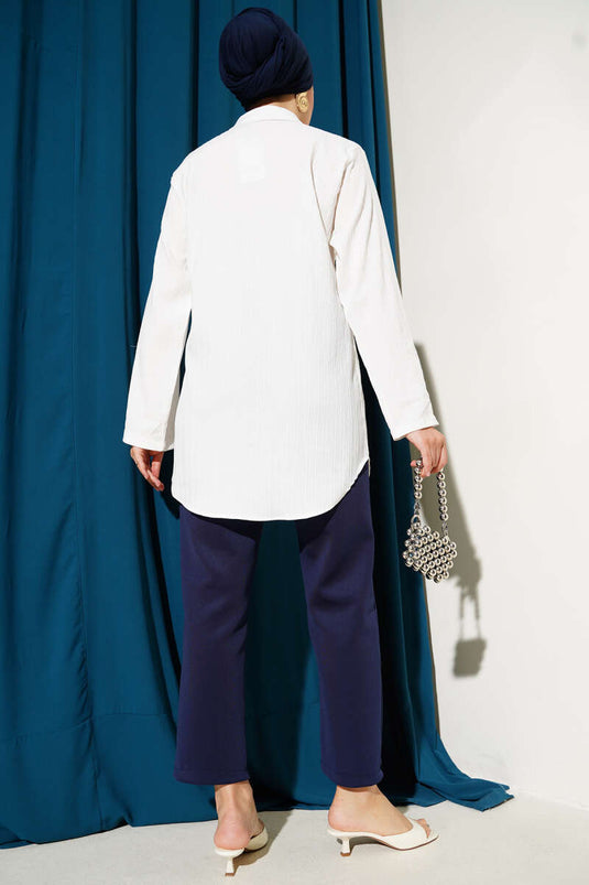 Pearl Front Embossed Striped Shirt White