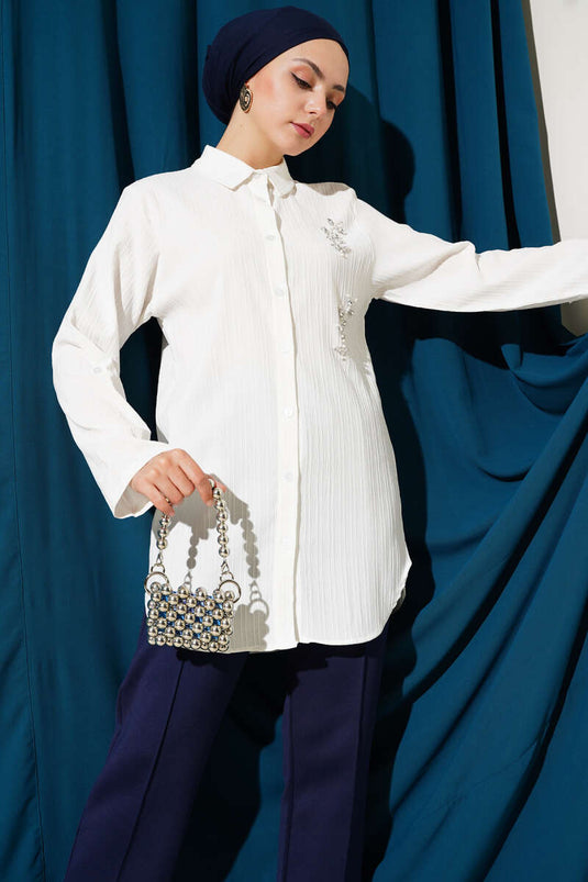 Pearl Front Embossed Striped Shirt White