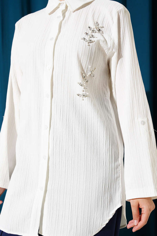 Pearl Front Embossed Striped Shirt White