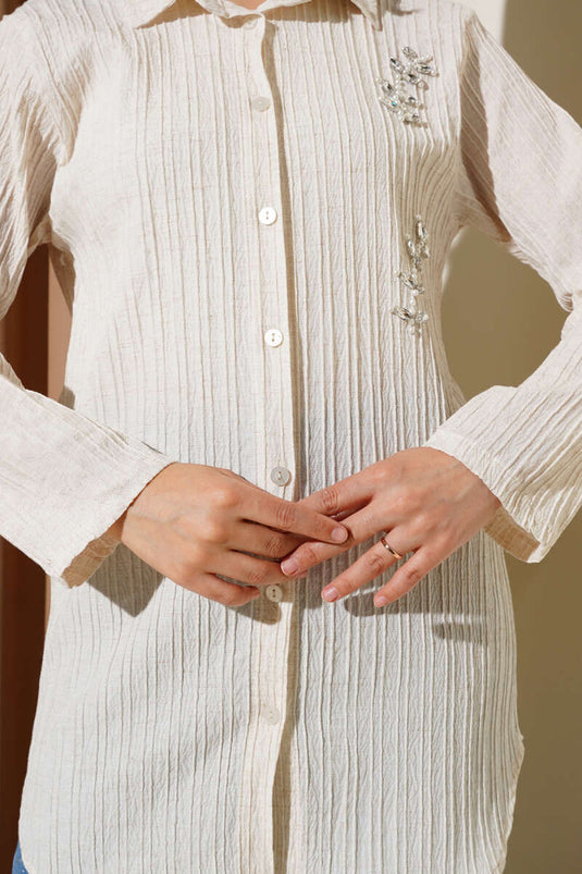 Pearl Front Embossed Striped Shirt Ecru