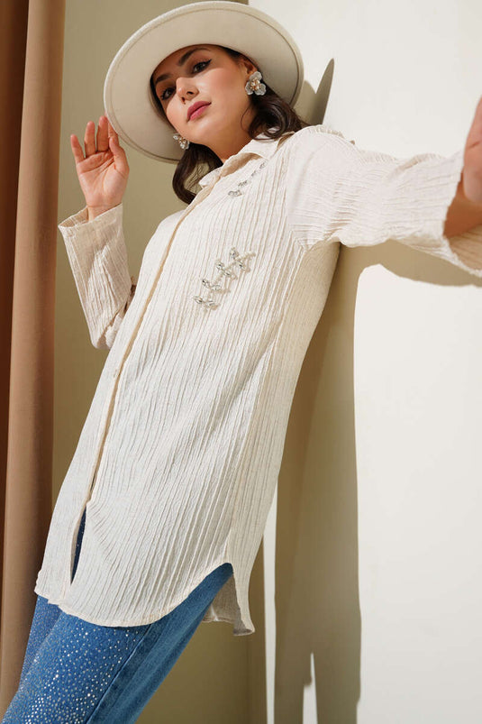 Pearl Front Embossed Striped Shirt Ecru