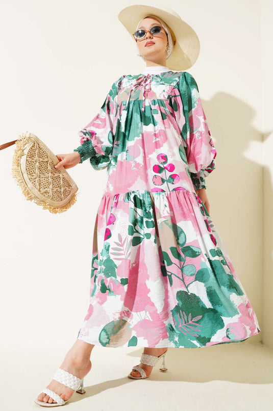 Önü İp Bağcıklı Desenli Elbise Yeşil