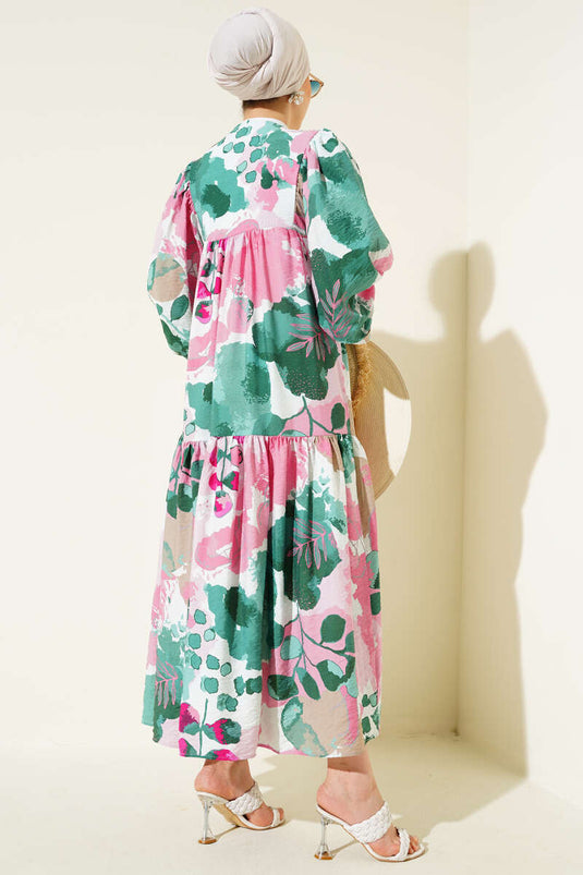 Önü İp Bağcıklı Desenli Elbise Yeşil