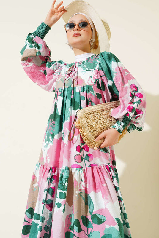 Önü İp Bağcıklı Desenli Elbise Yeşil