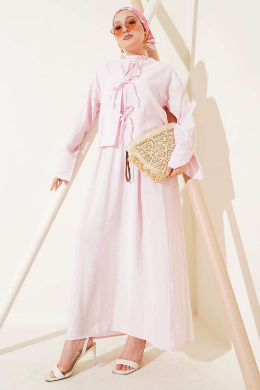 Önü İp Bağcıklı Jile İkili Takım Pembe