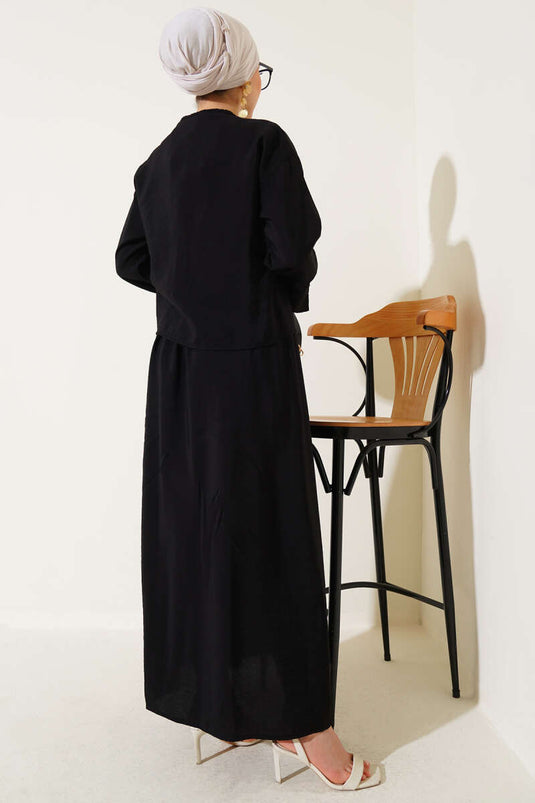 طقم صدرية من قطعتين برباط أمامي، أسود