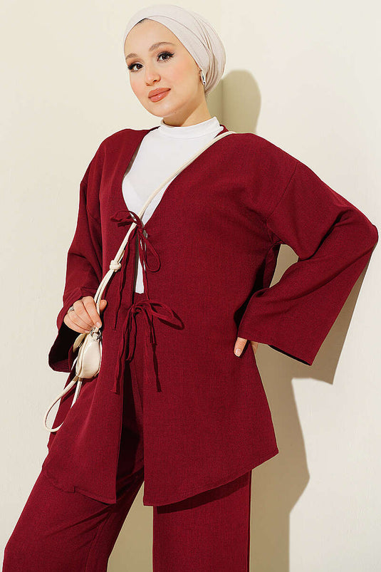Önü İp Bağcıklı Kimono İkili Takım Bordo