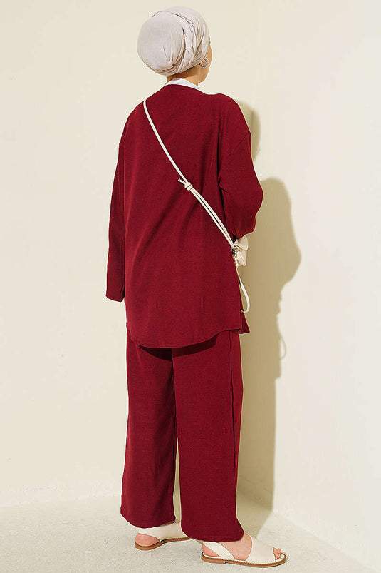 Önü İp Bağcıklı Kimono İkili Takım Bordo