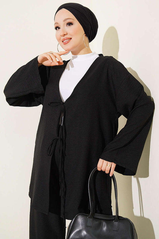 Black Kimono Set With Tie-Front Belt