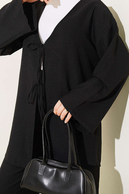 Black Kimono Set With Tie-Front Belt
