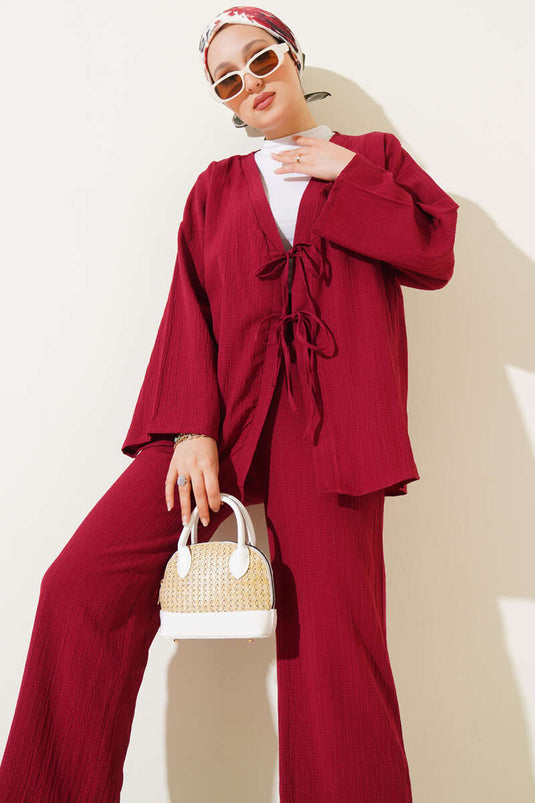 Front Drawstring Crinkle Two-Piece Set Burgundy