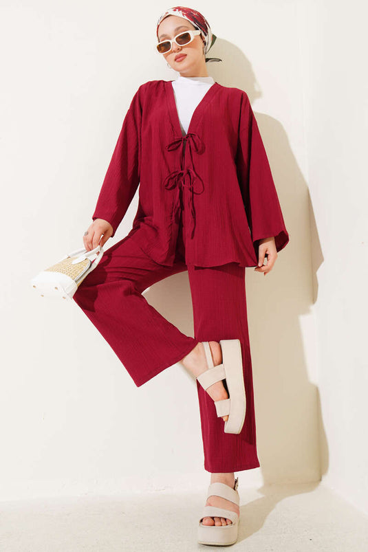 Front Rope Laced Crinkle Double Suit Claret Red