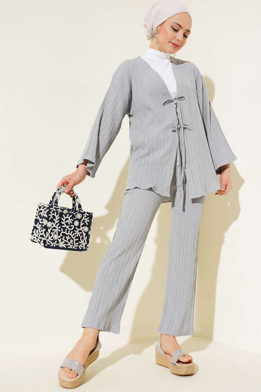 Front Rope Laced Crinkle Two Piece Set Gray