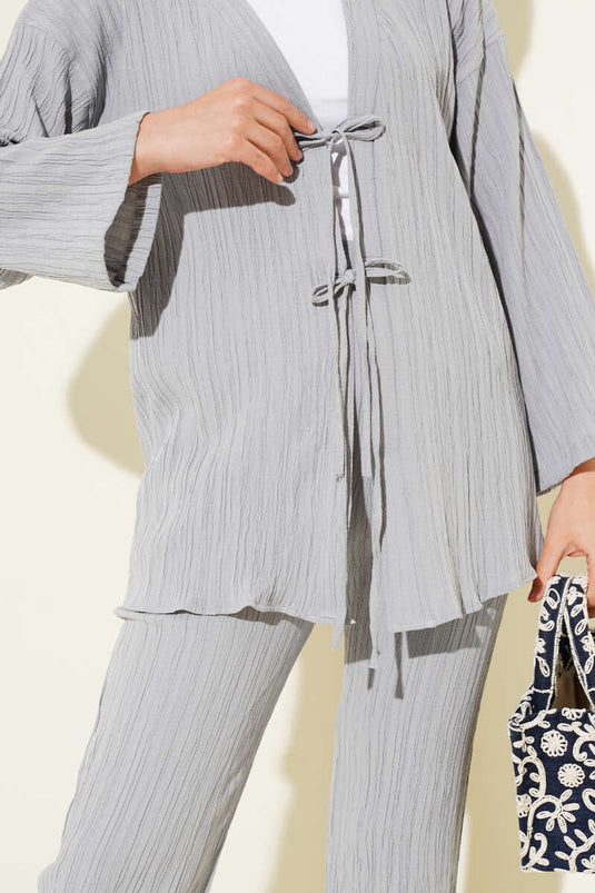 Front Rope Laced Crinkle Two Piece Set Gray