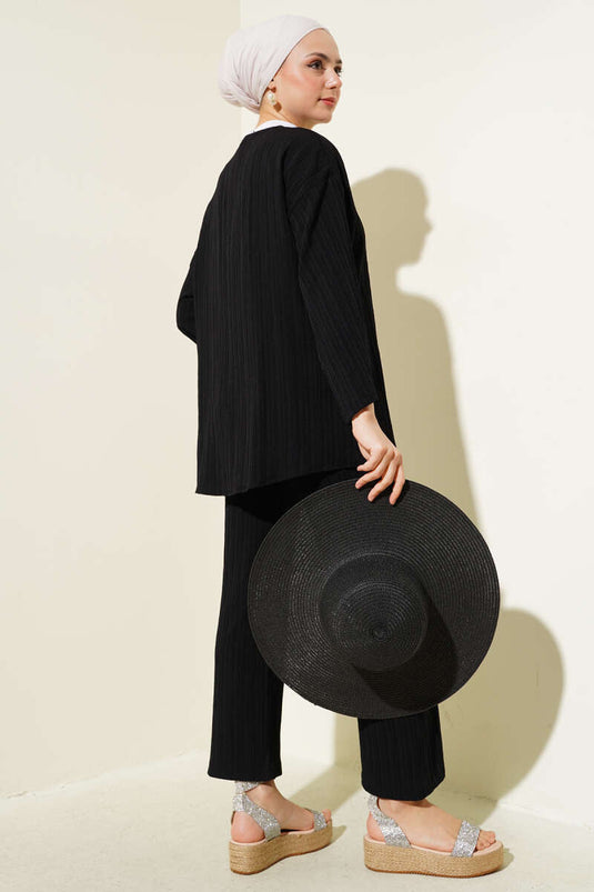 Front Rope Laced Crinkle Two Piece Set Black