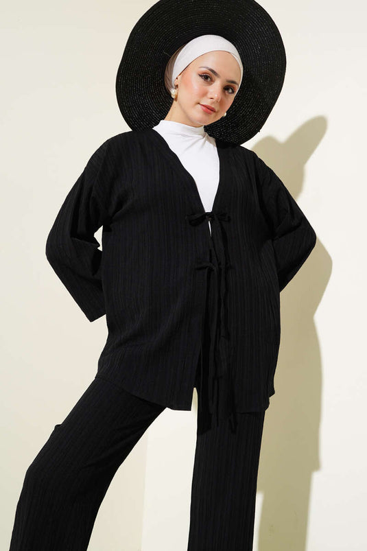 Front Rope Laced Crinkle Two Piece Set Black