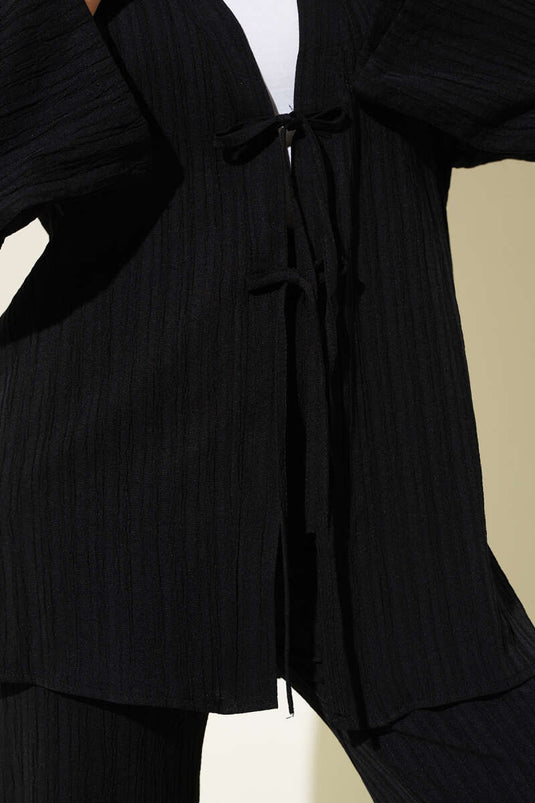 Front Rope Laced Crinkle Two Piece Set Black