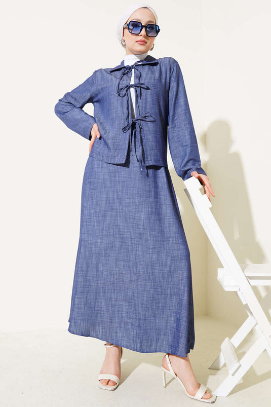 بدلة تنورة تنسل مربوطة بحبل أمامي، أزرق داكن