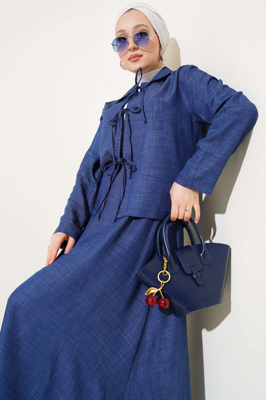 Front Rope Tied Tencel Skirt Suit Blue