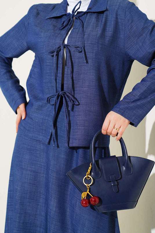 Front Rope Tied Tencel Skirt Suit Blue