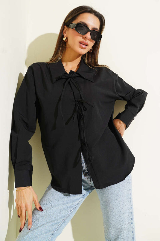 Overhemd met koordsluiting Zwart