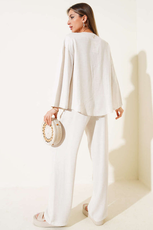 Kimono-Set mit Kordelverschluss vorne, Beige