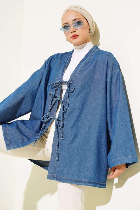 Önü İp Bağlamalı Kot Kimono Kot Mavisi
