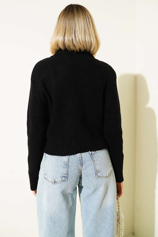 Black Knitted Cardigan with Drawstring Front