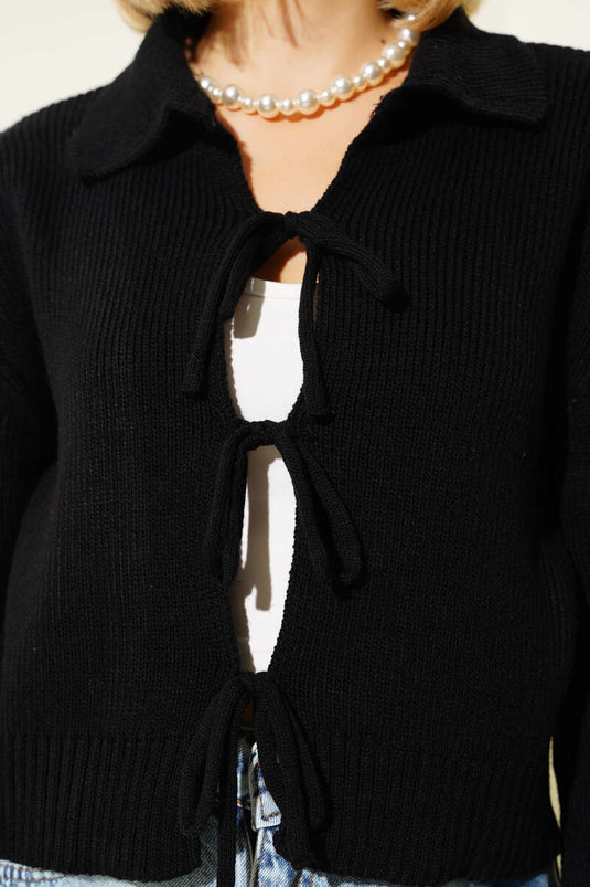 Black Knitted Cardigan with Drawstring Front