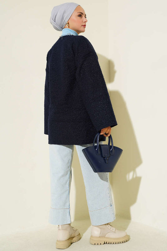 Önü Kurdeleli Buklet Ceket Lacivert