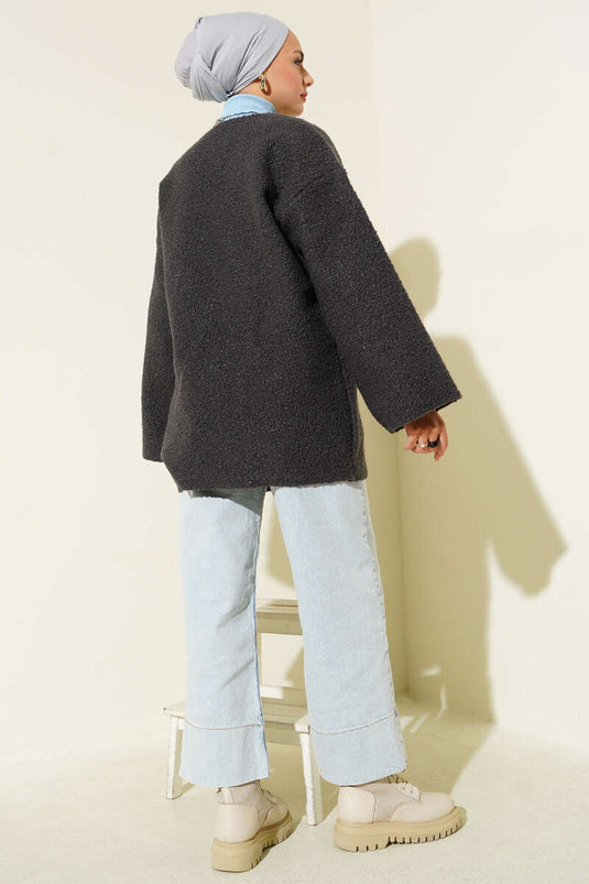 Önü Kurdeleli Buklet Ceket Mint Antrasit