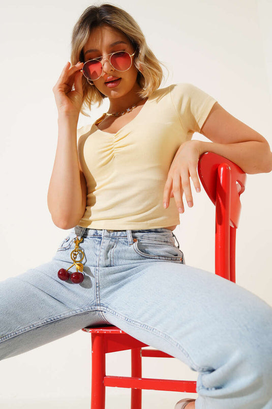 Yellow V-Neck Crop Top with Elasticated Front