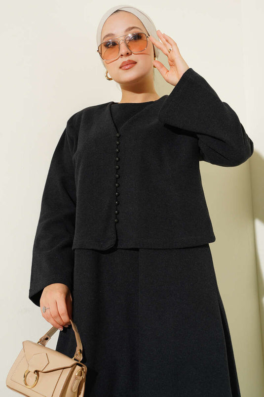 Mini Buttoned Front Dress Two-Piece Set Anthracite
