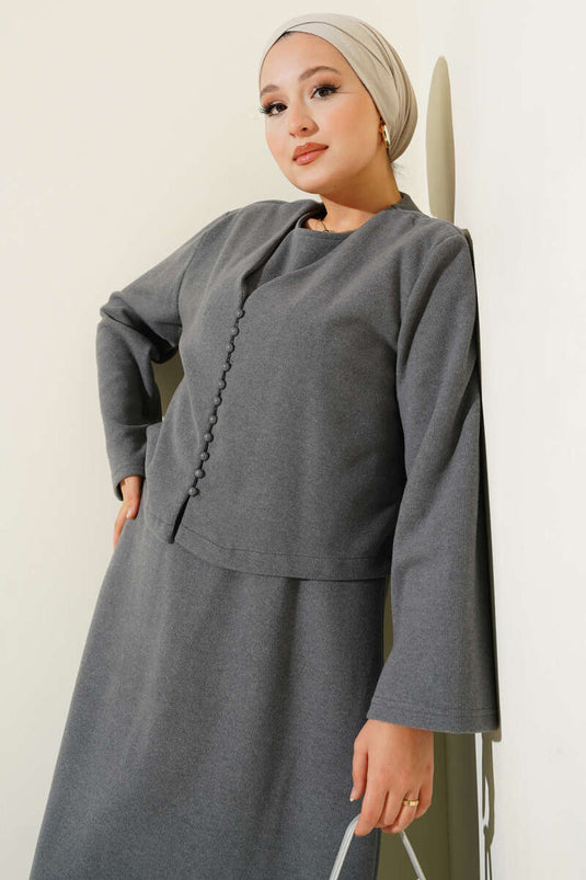 Önü Mini Düğmeli Elbise İkili Takım Füme