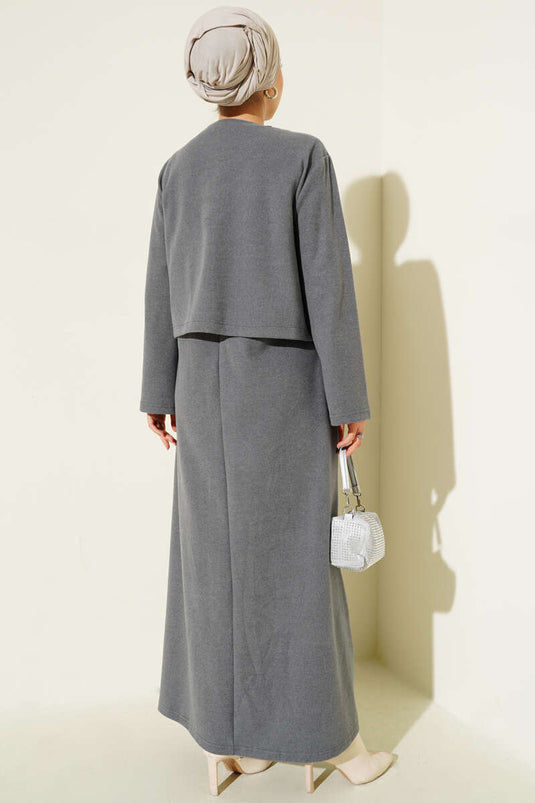 Önü Mini Düğmeli Elbise İkili Takım Füme