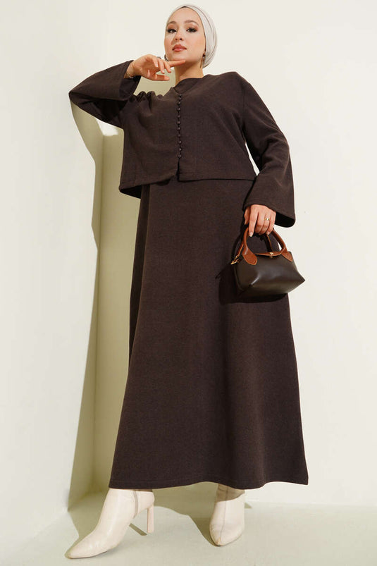 Mini Buttoned Front Dress Two-Piece Suit Brown