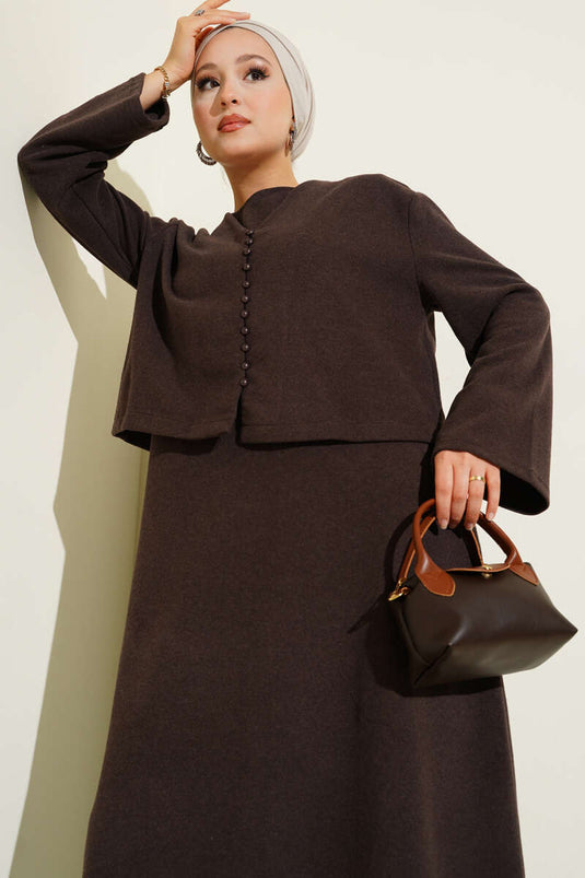 Mini Buttoned Front Dress Two-Piece Suit Brown