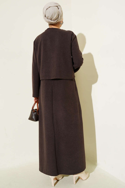 Mini Buttoned Front Dress Two-Piece Suit Brown