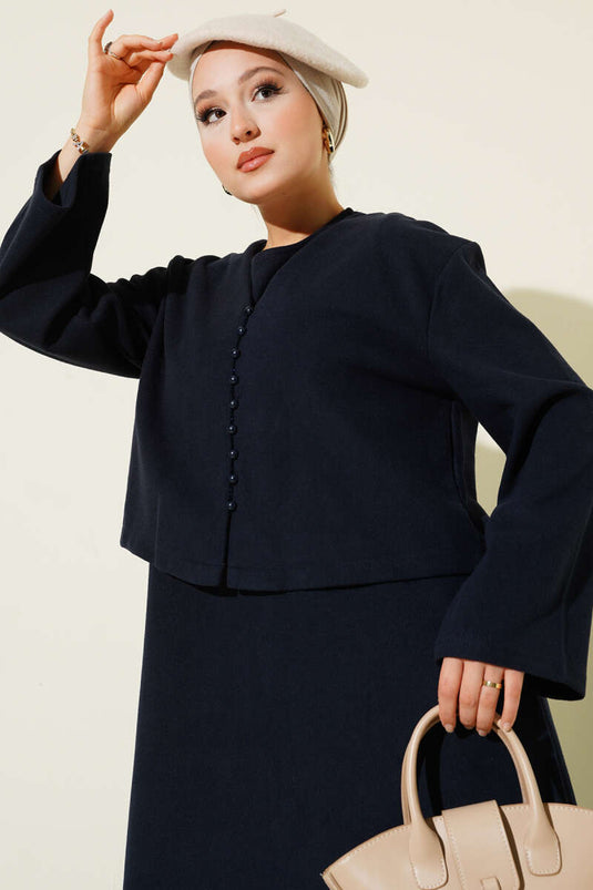 Front Mini Buttoned Dress Two-Piece Set Navy Blue