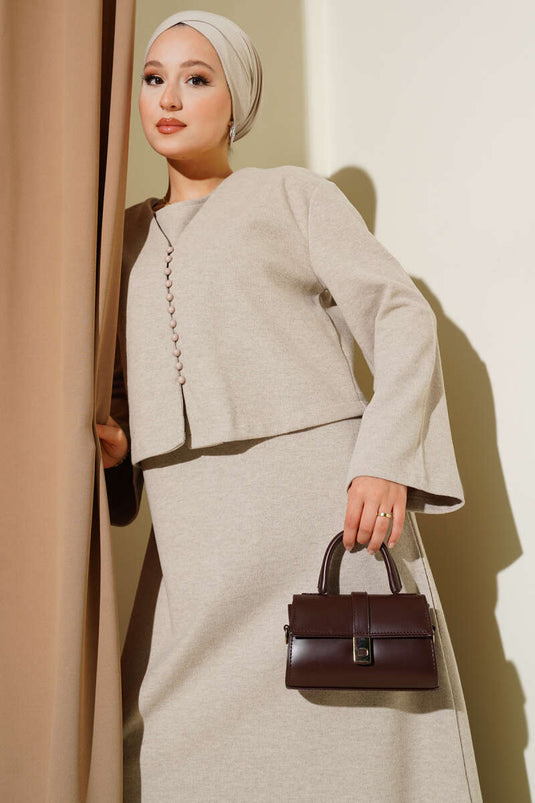 Önü Mini Düğmeli Elbise İkili Takım Taş