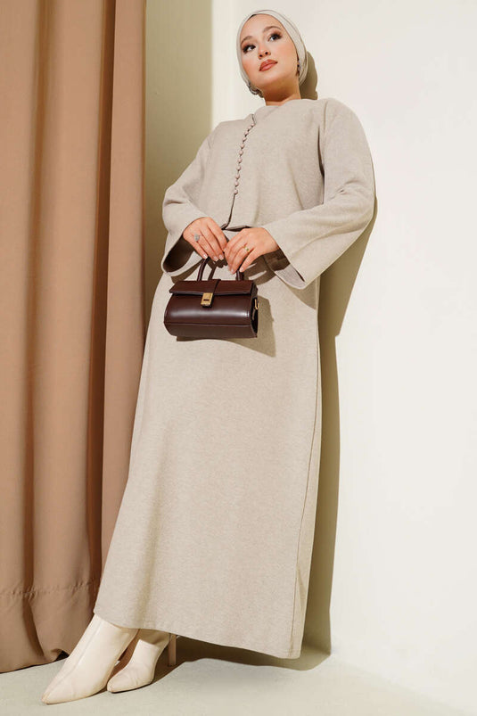 Önü Mini Düğmeli Elbise İkili Takım Taş