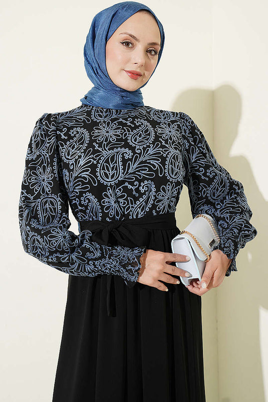Indigo Besticktes Kleid Mit Spitzenmanschetten