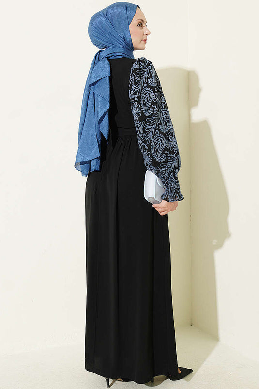 Indigo Besticktes Kleid Mit Spitzenmanschetten