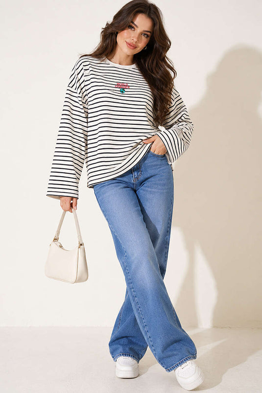 Önü Nakış Detaylı Çizgili Sweatshirt Siyah