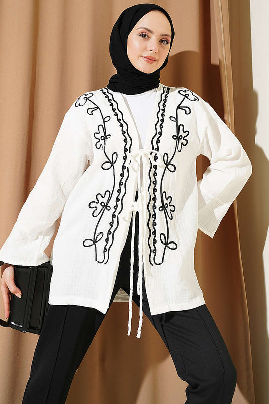 Front Embroidered Drawstring Muslin Kimono Ecru